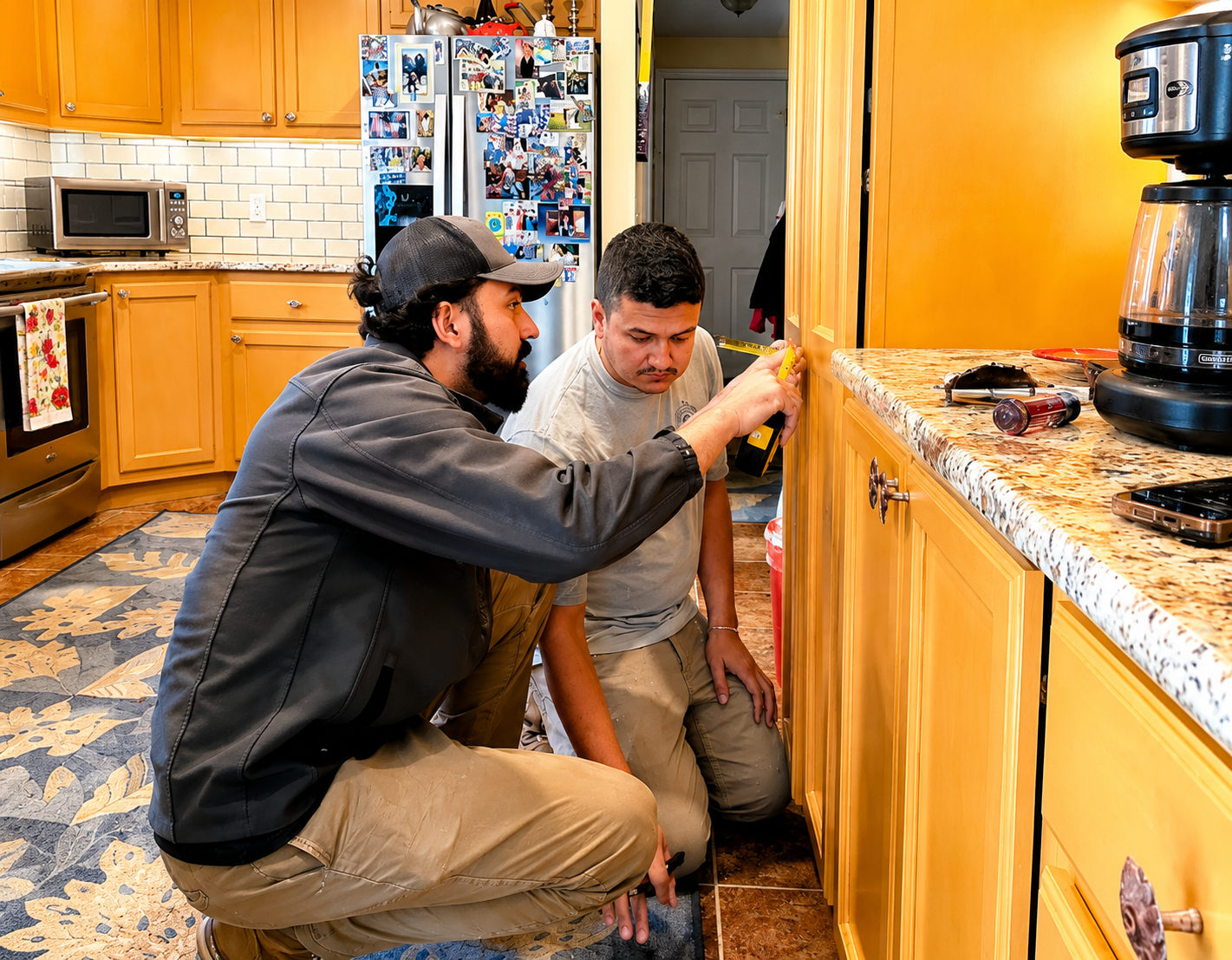 Compass Painting team inspecting kitchen cabinets before refinishing on Cape Cod